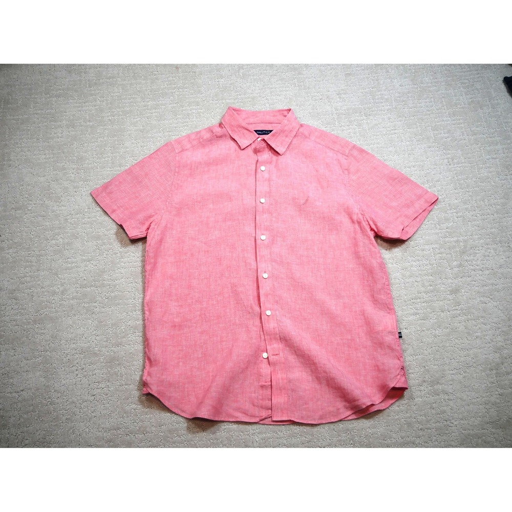 Nautica Men Short Sleeve 100% Linen Button Down Shirt Pink Size L - VDR F821330